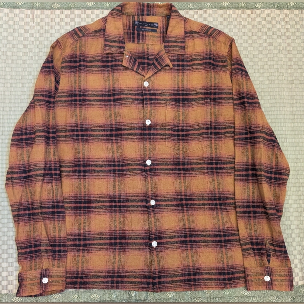 Allsaints Ysidro Relaxed Fit Plaid Flannel Shirt Honey Size XXL